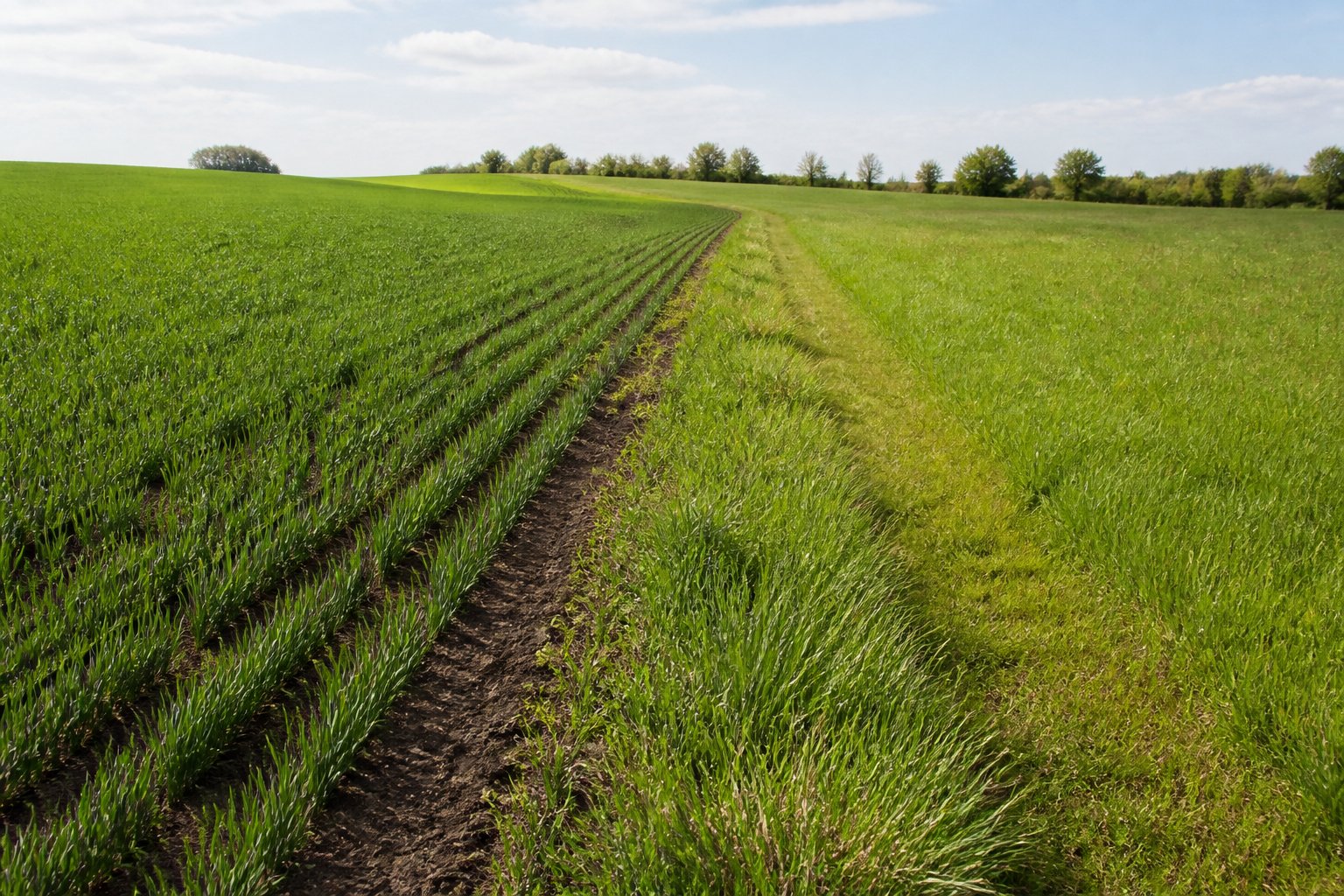 Getreidereihen grenzen an Grasrain und landwirtschaftliches Grünland
